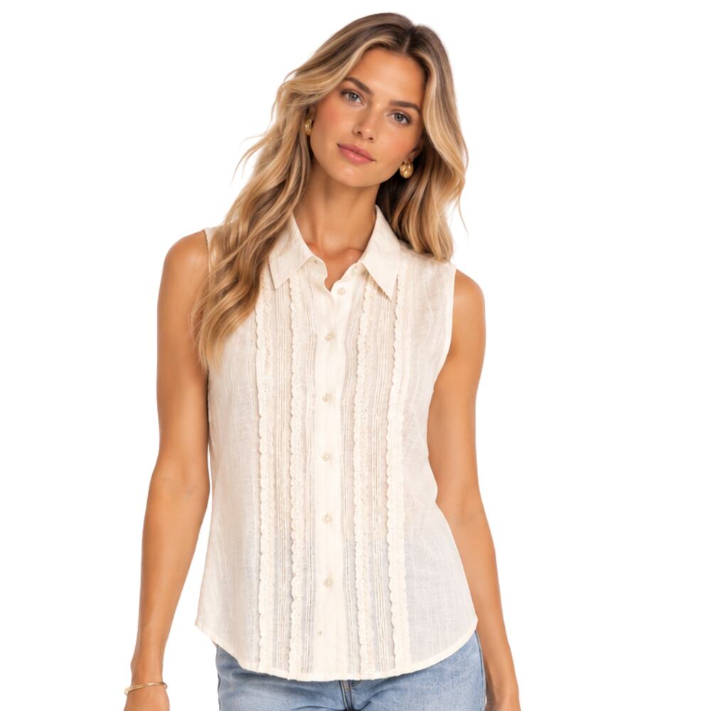 Ralph Lauren Ivory Pintuck Sleeveless Button Front Blouse EUC Size Small